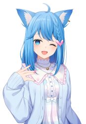Rule 34 | 1girl, ;d, ahoge, animal ears, bell, blue eyes, blue hair, blue sweater, braid, commentary request, ear piercing, hair ornament, heart, heart hair ornament, highres, jingle bell, long sleeves, looking at viewer, multicolored shirt, nanashi inc., neck bell, nishino eri, one eye closed, open mouth, piercing, shirt, simple background, smile, solo, souya ichika, souya ichika (3rd costume), striped clothes, striped shirt, sweater, upper body, virtual youtuber, white background