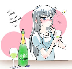 Rule 34 | 1girl, alcohol, blush, bottle, cup, drinking glass, drunk, ear blush, english text, hair down, hiccup, iesupa, pajamas, rwby, solo, weiss schnee, white hair, wine, wine bottle, wine glass