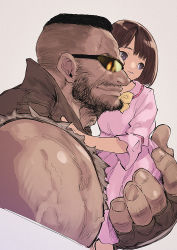 Rule 34 | 1boy, 1girl, barret wallace, beard, black eyes, black gloves, black hair, bow, bowtie, carrying, child, dark-skinned male, dark skin, dress, facial hair, father and daughter, final fantasy, final fantasy vii, final fantasy vii remake, fingerless gloves, gloves, grey background, hyocorou, male focus, manly, marlene wallace, pink dress, short hair, short sleeves, simple background, sleeveless, sunglasses, upper body, vest, yellow neckwear