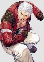 Rule 34 | 1boy, blue eyes, earrings, gloves, grey background, highres, jacket, jewelry, looking at viewer, male focus, muscular, muscular male, nanakase yashiro, open clothes, open jacket, otsudou, pants, pectoral cleavage, pectorals, red jacket, short hair, simple background, smile, solo, the king of fighters, the king of fighters &#039;97, white hair, white pants
