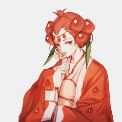 Rule 34 | 1girl, androgynous, collarbone, commentary request, copyright request, facial mark, gender request, grey background, hair ornament, hair ribbon, hair up, highres, holding, japanese clothes, kimono, long sleeves, looking at viewer, obi, parted lips, red eyes, red hair, red ribbon, ribbon, sash, short hair, simple background, sleeves past wrists, solo, tanu0706, upper body, wide sleeves