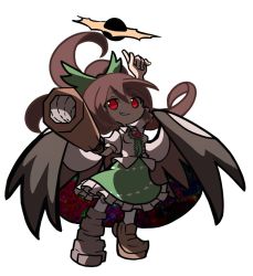 Rule 34 | 1girl, arm cannon, asymmetrical footwear, bird wings, black sun, black wings, bow, brown hair, cape, collared shirt, frilled skirt, frills, full body, green bow, green skirt, hair bow, kneehighs, long hair, looking at viewer, open mouth, pointing, pointing up, ponytail, puffy short sleeves, puffy sleeves, puyopuyo, red eyes, reiuji utsuho, shade, shinmon akika, shirt, shoes, short sleeves, simple background, single shoe, skirt, smirk, socks, solo, standing, starry sky print, sun, touhou, weapon, white background, white shirt, wings