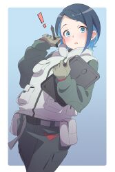 Rule 34 | !, 1girl, absurdres, belt, belt pouch, blue background, blue eyes, blue hair, cowboy shot, eitopondo, gloves, green gloves, green sleeves, grey belt, grey pants, gundam, gundam suisei no majo, hands up, head tilt, highres, holding, holding stylus, holding tablet pc, jacket, looking at viewer, nika nanaura, open mouth, outside border, pants, pouch, raglan sleeves, short hair, solo, stylus, tablet pc