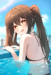 1girl bare_arms bare_shoulders bikini black_bikini blue_sky blush brown_hair commentary_request day flower-shaped_pupils from_side genshin_impact gya_(144) hair_between_eyes halterneck highres hu_tao_(genshin_impact) in_water long_hair looking_at_viewer looking_to_the_side outdoors partially_submerged pool red_eyes side-tie_bikini_bottom sky solo string_bikini swimsuit symbol-shaped_pupils tongue tongue_out twintails upper_body water