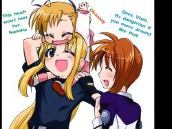 Rule 34 | 3girls, blonde hair, brown hair, carrying, child, couple, english text, closed eyes, family, fate testarossa, hair ornament, happy, highres, looking at another, lyrical nanoha, mahou shoujo lyrical nanoha, mahou shoujo lyrical nanoha strikers, military, military uniform, mother and daughter, multiple girls, aged up, ribbon, side ponytail, smile, takamachi nanoha, translated, uniform, vivio, yuri