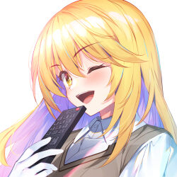 Rule 34 | 1girl, blonde hair, blush, breasts, bright pupils, brown sweater vest, bucchake (asami), colored inner hair, controller, gloves, hair between eyes, holding, holding remote control, large breasts, long hair, looking at viewer, multicolored hair, one eye closed, open mouth, portrait, purple hair, remote control, school uniform, shokuhou misaki, simple background, smile, solo, sparkling eyes, star-shaped pupils, star (symbol), summer uniform, sweater vest, symbol-shaped pupils, toaru kagaku no railgun, toaru majutsu no index, tokiwadai school uniform, white background, white gloves, white pupils, wing collar, yellow eyes