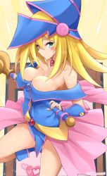 Rule 34 | 1girl, artist request, bare legs, bare shoulders, blonde hair, blush, blush stickers, boots, breasts, cape, card (medium), dark magician girl, duel monster, green eyes, hair between eyes, hat, highres, jam pentail, jampen, large breasts, long hair, looking at viewer, magical girl, shiny skin, simple background, skirt, smile, solo, twitter username, very long hair, wizard hat, yu-gi-oh!