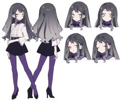 Rule 34 | 1girl, belt, big hair, black footwear, black skirt, blouse, closed eyes, closed mouth, commentary request, copyright request, eyes visible through hair, gradient hair, grey eyes, grey hair, high heels, long hair, long sleeves, looking at viewer, mochizuki kei, multicolored hair, multiple views, pantyhose, purple pantyhose, ringed eyes, shirt, simple background, skirt, smile, standing, white background, white shirt