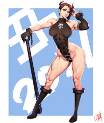 Rule 34 | 1girl, 2021, abs, absurdres, armpits, artist name, artist request, asymmetrical hair, asymmetrical sleeves, bare shoulders, black gloves, black legwear, blue background, boots, breasts, brown eyes, brown hair, club (weapon), female focus, full body, gloves, highleg, highleg leotard, highres, horns, large breasts, leotard, lips, looking at viewer, matching hair/eyes, muscular, muscular female, narrow waist, original, shiny clothes, shiny skin, simple background, single glove, skin tight, solo, solo focus, staff, standing, taut leotard, teeth, thick lips, thick thighs, thighs, uneven sleeves, wide hips