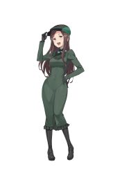 Rule 34 | 1girl, :d, adjusting clothes, adjusting headwear, black footwear, black gloves, black hat, black legwear, brown hair, covered navel, dorothy (princess principal), dress, full body, gloves, green dress, hand on own hip, hand up, hat, highres, long hair, looking at viewer, official art, open mouth, princess principal, princess principal game of mission, purple eyes, smile, solo, standing, transparent background