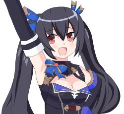 Rule 34 | armpits, black hair, breasts, cleavage, dress, happy, highres, leafy bow, long hair, medium breasts, neptune (series), noire (neptunia), open mouth, red eyes, ribbon, tsundere, twintails, upper body, very long hair, vvvtune