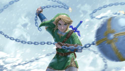 Rule 34 | 1boy, ball, ball and chain (weapon), blonde hair, blue eyes, blurry, blurry background, blurry foreground, brush stroke, chain, closed mouth, commentary request, cowboy shot, fingerless gloves, gloves, holding, holding weapon, incoming attack, jasqreate, link, looking at viewer, male focus, master sword, nintendo, outdoors, pointy ears, rain, solo, the legend of zelda, the legend of zelda: twilight princess, weapon