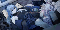 Rule 34 | 1girl, armpits, aviator sunglasses, bare shoulders, bed, bedroom, belt, beret, black nails, blue eyes, blue hair, blue jacket, breasts, cat, cellphone, commentary, earrings, fishnet legwear, fishnets, hair between eyes, hat, highres, hololive, hoshimachi suisei, jacket, jewelry, long hair, looking at viewer, lying, mania (fd6060 60), nail polish, open clothes, phone, plaid, ribbon, ring, smartphone, solo, star (symbol), star earrings, star in eye, sunglasses, symbol-only commentary, symbol in eye, virtual youtuber