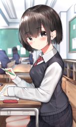 Rule 34 | 1boy, 3girls, black hair, black skirt, blazer, blue jacket, blurry, blurry background, blush, breasts, brown eyes, chair, closed mouth, commentary request, depth of field, desk, eraser, hair between eyes, highres, holding, holding pencil, indoors, jacket, long sleeves, looking at viewer, looking to the side, medium breasts, multiple girls, neku (neku draw), on chair, original, pencil, pencil case, pleated skirt, school chair, school desk, school uniform, shirt, short hair, sitting, skirt, sleeves past wrists, solo focus, sweater vest, white shirt