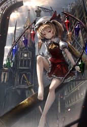 Rule 34 | 1girl, ascot, bare legs, barefoot, blonde hair, church, closed mouth, cloud, cloudy sky, day, flandre scarlet, frilled skirt, frills, hat, hat ribbon, highres, miniskirt, mob cap, outdoors, planted, planted sword, planted weapon, red eyes, red ribbon, red skirt, ribbon, ryosios, side ponytail, skirt, skirt set, sky, smile, solo, sunlight, sword, touhou, vest, weapon, white hat, wings