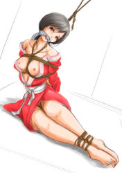 Rule 34 | 1girl, arms behind back, barefoot, bdsm, bondage, bound, bound ankles, bound arms, bound legs, box tie, breast bondage, breasts, breasts out, coco (pixiv artist 1131293), gag, japanese clothes, large breasts, miko, nipples, no bra, open clothes, red eyes, restrained, rope, shibari, shibari over clothes, solo, traditional clothes