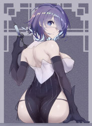 Rule 34 | 1girl, arknights, ass, back, backboob, black dress, black gloves, black panties, blue background, blue hair, breasts, chinese commentary, colored inner hair, detached collar, detached sleeves, dress, eyelashes, eyepatch, from behind, gloves, hair between eyes, hair over one eye, highres, holding, holding syringe, large breasts, light blue hair, looking at viewer, looking back, medical eyepatch, multicolored hair, needle, off-shoulder dress, off shoulder, panties, patterned background, purple eyes, purple hair, short hair, side-tie panties, sitting, solo, syringe, taut clothes, two-tone dress, underwear, whisperain (arknights), white dress, yonghu 20251
