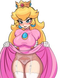 Rule 34 | 1girl, absurdres, blonde hair, blue eyes, blush, breasts, brooch, clothes lift, crown, dress, dress lift, earrings, garter belt, garter straps, he11 4ngel, highres, jewelry, large breasts, lipstick, long hair, makeup, mario (series), naughty face, nintendo, open mouth, panties, pink dress, pink lips, princess, princess peach, smile, solo, super mario bros. 1, thick thighs, thighhighs, thighs, third-party edit, thong, underwear, wide hips