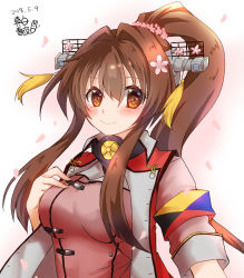 Rule 34 | 1girl, alternate costume, armband, blush, breasts, brown eyes, brown hair, cherry blossoms, closed mouth, commentary request, dated, eyelashes, eyes visible through hair, gorget, hand up, high ponytail, kantai collection, kikumon, large breasts, long hair, looking at viewer, mashiro yukiya, petals, rigging, signature, smile, solo, upper body, yamato (kancolle)