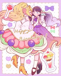Rule 34 | 2girls, absurdres, black hair, blonde hair, blunt bangs, blush, border, bow, closed eyes, closed mouth, clothing cutout, cure finale, delicious party precure, dress, english text, food, frills, gloves, hair ornament, happy birthday, heart, heterochromia, high heels, highres, holding hands, huge bow, kasai amane, kiocotton, long hair, magical girl, multiple girls, parfait, parfait recipipi, precure, purple border, shoulder cutout, socks, sparkle hair ornament, standing, tiara, white socks, wide ponytail
