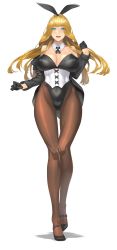 Rule 34 | 1girl, :d, absurdres, animal ears, black gloves, black pantyhose, blonde hair, blue eyes, breasts, cleavage, corset, covered erect nipples, damegane, detached collar, fake animal ears, full body, gloves, highres, huge breasts, leotard, long hair, looking at viewer, open mouth, original, pantyhose, playboy bunny, rabbit ears, simple background, smile, solo, teeth, victoria (damegane), white background