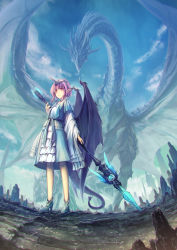 Rule 34 | 1girl, blue dress, blue sky, clip studio paint (medium), cloud, cloudy sky, commentary request, day, dragon, dragon girl, dragon tail, dragon wings, dress, fisheye, high heels, highres, holding, holding polearm, holding spear, holding weapon, horns, landscape, long sleeves, looking at viewer, original, photoshop (medium), polearm, purple hair, red eyes, short hair, sidelocks, single horn, sky, spear, tail, tenmaso, weapon, white dress, wide sleeves, wings