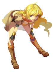 Rule 34 | 1girl, ahoge, belt, bent over, blonde hair, boots, buckle, buming, fingerless gloves, full body, gloves, hands on own knees, long hair, purple eyes, rwby, skirt, solo, white background, yang xiao long
