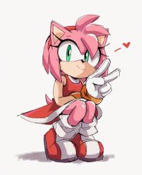 Rule 34 | 1girl, ame (beeames), amy rose, artist name, boots, bracelet, closed mouth, dress, eyelashes, furry, furry female, gloves, gold bracelet, green eyes, hairband, hand up, heart, hedgehog girl, highres, jewelry, looking at viewer, red dress, red footwear, red hairband, short dress, simple background, sketch, sleeveless, sleeveless dress, smile, solo, sonic (series), split mouth, squatting, twitter username, v, white background, white gloves
