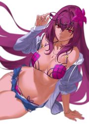 Rule 34 | 1girl, azusa (hws), bikini, blurry, breasts, cleavage, depth of field, fate (series), flower, glasses, hair flower, hair ornament, jacket, jewelry, long hair, looking at viewer, nail polish, necklace, purple bikini, purple hair, purple nails, red eyes, scathach (fate), scathach (fate/grand order), scathach (swimsuit assassin) (fate), shorts, simple background, smile, solo, swimsuit, very long hair, white background