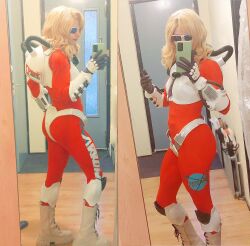Rule 34 | 1girl, absurdres, alternate costume, armor, blonde hair, bodysuit, boots, cellphone, cosplay, f-zero, full body, highres, indoors, long hair, mirror, monique l&#039;amoreaux, monkiinart, muscular, muscular female, nintendo, phone, real life, red lips, redesign, selfie, sketch, smartphone, solo, standing, sunglasses