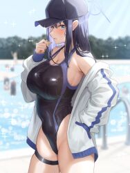 Rule 34 | 1girl, alternate costume, bare shoulders, baseball cap, black hair, black one-piece swimsuit, blue archive, blurry, blush, breasts, competition swimsuit, covered navel, cowboy shot, day, depth of field, groin, hand in pocket, hat, highleg, highleg swimsuit, highres, holding, holding whistle, jacket, large breasts, long sleeves, looking at viewer, mutenka (plfgb), off shoulder, one-piece swimsuit, open clothes, open jacket, outdoors, pool, saori (blue archive), solo focus, sparkle, standing, swimsuit, thick thighs, thigh strap, thighs, two-tone swimsuit, whistle, white jacket