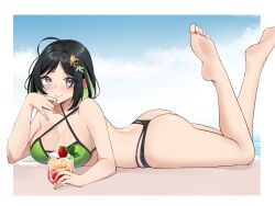 Rule 34 | 1girl, ass, bare legs, bare shoulders, barefoot, beach, bikini, black hair, blue sky, blush, breasts, cleavage, commentary request, commission, day, feet, green bikini, grey eyes, hair ornament, hand up, highres, large breasts, legs, long sleeves, looking at viewer, lying, on stomach, original, outdoors, pinepin, short hair, sky, smile, soles, solo, swimsuit, thighs, toes