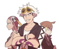 Rule 34 | 1girl, 2boys, bare arms, blonde hair, closed eyes, closed mouth, commentary request, creatures (company), crossed arms, eyewear on head, game freak, gladion (pokemon), grey eyes, guzma (pokemon), korean commentary, long sleeves, multicolored hair, multiple boys, nintendo, pink hair, plumeria (pokemon), pokemon, pokemon sm, short sleeves, smile, ssalbulre, sunglasses, tattoo, team skull, teeth, two-tone hair, white hair