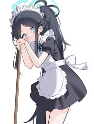 Rule 34 | 1girl, absurdly long hair, apron, aris (blue archive), aris (maid) (blue archive), black hair, blue archive, blue bow, blue bowtie, blue eyes, bow, bowtie, commentary request, forehead, frilled apron, frills, hair bow, hair ribbon, halo, head rest, head tilt, highres, holding, holding stick, ine (ineinnen), long hair, looking at viewer, maid, maid apron, maid headdress, parted bangs, ribbon, short sleeves, side ponytail, sidelocks, simple background, solo, stick, very long hair, white apron, white background