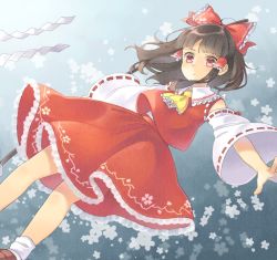 Rule 34 | 1girl, ascot, blunt bangs, bow, brown footwear, brown hair, closed mouth, commentary request, detached sleeves, dutch angle, feet out of frame, hair bow, hakurei reimu, holding, looking at viewer, outstretched arms, red bow, red eyes, red skirt, red vest, sasa kichi, shoes, skirt, socks, solo, spread arms, touhou, vest, white socks, wing collar, yellow ascot