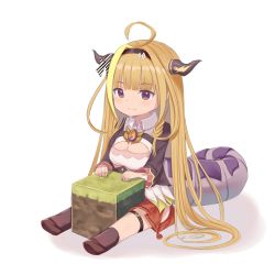 Rule 34 | 1girl, absurdres, ahoge, block (object), blonde hair, blouse, blunt bangs, bow, braid, breasts, chibi, cleavage, cleavage cutout, clothing cutout, collared shirt, diagonal-striped bow, dirt, dragon tail, full body, highres, hip vent, hololive, horns, kiryu coco, kiryu coco (1st costume), long hair, medium breasts, minecraft, natsuki (natukituki), purple eyes, shirt, side braid, simple background, single braid, sitting, smile, solo, tail, thigh strap, very long hair, virtual youtuber, white background, white shirt