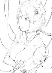Rule 34 | 1girl, breasts, cable, from side, greyscale, highres, large breasts, medium hair, monochrome, nakamura regura, original, parted lips, robot, simple background, solo, upper body, white background