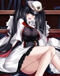 Rule 34 | 1girl, anchor symbol, ass, azur lane, black hair, black skirt, blunt bangs, blush, book, bookshelf, breasts, buttons, cape, coat dress, commentary, cross, double-breasted, dress, fur-trimmed cape, fur trim, hat, highres, iron cross, large breasts, long hair, looking at viewer, open mouth, peaked cap, peter strasser (azur lane), red eyes, shadow, sidelocks, sitting, skirt, skirt under dress, solo, taut clothes, taut dress, twintails, underbust, very long hair, white cape, white dress, white hat, yan lie
