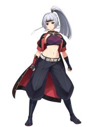 Rule 34 | 1girl, absurdres, black footwear, black gloves, breasts, character request, gloves, goggles, goggles around neck, high ponytail, highres, kouya no kotobuki hikoutai, looking at viewer, medium breasts, midriff, navel, official art, red eyes, silver hair, simple background, solo, standing
