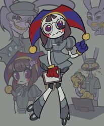 Rule 34 | 1boy, 1girl, animal ears, black eyes, blue eyes, burger, collage, colored sclera, commentary, eating, english text, food, gloves, grin, hat, heterochromia, highres, holding, holding food, humanization, jax (the amazing digital circus), jester cap, official alternate costume, otelli, overalls, pale skin, pomni (the amazing digital circus), rabbit ears, red eyes, roller shoes, shoes, short hair, simple background, smile, the amazing digital circus, yellow sclera
