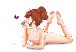 Rule 34 | 1girl, arm rest, ass, barefoot, bikini, blunt bangs, blush, brown hair, bug, butterfly, collarbone, feet, feet up, female focus, flat chest, frostyneko, full body, hair tie, hand on own chin, high ponytail, highres, insect, looking to the side, lying, micro bikini, mole, mole under eye, on stomach, original, short hair, simple background, soles, solo, spread legs, swimsuit, the pose, thighs, toes, white background, white bikini
