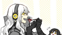 Rule 34 | 2boys, big bird (project moon), black gloves, black hair, blood, colored sclera, eating, employee (project moon), gloves, goggles, goggles on head, grey jacket, holding, holding spoon, jacket, lobotomy corporation, long hair, multiple boys, nishikujic, personification, project moon, singing machine, spoon, very long hair, white eyes, white hair, yellow eyes, yellow sclera