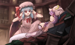 Rule 34 | bat wings, battle damage, blood, blood on clothes, blood on hands, blue hair, book, breasts, closed eyes, crescent, crescent hat ornament, dress, fangs, frilled dress, frilled hat, frills, hat, hat ornament, highres, invincible (series), large breasts, library, long hair, medium hair, meme, namiki (remiter00), parody, patchouli knowledge, purple hair, purple ribbon, red eyes, red ribbon, remilia scarlet, ribbon, think mark think! (meme), torn clothes, touhou, wings