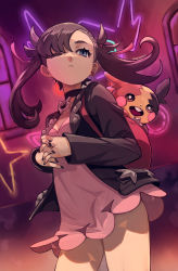 Rule 34 | 1girl, absurdres, asymmetrical bangs, backpack, bag, black choker, black hair, black jacket, black nails, blue eyes, breasts, choker, commentary request, creatures (company), dress, earrings, eudetenis, game freak, gen 8 pokemon, hair ribbon, highres, jacket, jewelry, long sleeves, marnie (pokemon), morpeko, morpeko (full), nail polish, nintendo, one eye closed, open clothes, open jacket, own hands together, parted lips, pink dress, pokemon, pokemon swsh, red ribbon, ribbon, signature, sleeves past wrists, small breasts, standing, twintails