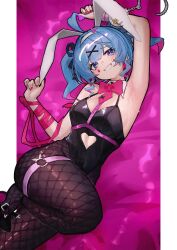 Rule 34 | 1girl, :d, ahoge, animal ears, arm behind head, arm up, armpits, black footwear, black leotard, black pantyhose, blue eyes, blue hair, bow, bowtie, breasts, clothing cutout, commentary, cowboy shot, cuffs, detached collar, dutch angle, fake animal ears, fishnet pantyhose, fishnets, floppy ears, foot up, grin, hair ornament, hairband, handcuffs, hatsune miku, heart cutout, highleg, highleg leotard, highres, large breasts, leotard, looking at viewer, multicolored hair, nail polish, o-ring, o-ring thigh strap, open mouth, pantyhose, pink bow, pink bowtie, pink hair, pink nails, pink pupils, playboy bunny, rabbit ears, rabbit hole (vocaloid), smile, solo, stomach cutout, streaked hair, symbol-only commentary, teardrop facial mark, teeth, thigh strap, vocaloid, white hairband, x hair ornament, yacchi (yxxrem)