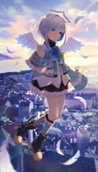 Rule 34 | 1girl, absurdres, aiguillette, amane kanata, amane kanata (1st costume), angel wings, armband, asymmetrical bangs, black footwear, black skirt, blue bow, blue bowtie, blue hair, blue socks, bob cut, boots, bow, bowtie, city, closed mouth, colored inner hair, cropped jacket, feathered wings, feathers, film grain, flying, frilled skirt, frills, full body, gingham socks, gradient wings, grey hair, grey jacket, hair over one eye, halo, hand up, highres, hololive, jacket, kneehighs, legwear garter, long sleeves, looking at viewer, mini wings, miniskirt, multicolored hair, multicolored wings, outdoors, pink hair, purple eyes, sailor collar, shine kyou, shirt, short hair, single hair intake, skirt, sky, sleeve cuffs, smile, socks, solo, star halo, streaked hair, sunrise, turtleneck, undershirt, virtual youtuber, waving, white sailor collar, white shirt, white wings, wide sleeves, wings