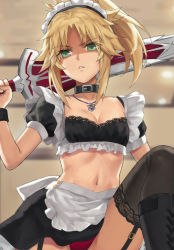 Rule 34 | 1girl, alternate costume, blonde hair, boots, braid, breasts, clarent (fate), cleavage, collar, crop top, cross-laced footwear, enmaided, fate/apocrypha, fate (series), french braid, frills, green eyes, hair ornament, hair scrunchie, highres, jewelry, lace-up boots, long hair, looking at viewer, maid, maid headdress, mordred (fate), mordred (fate/apocrypha), necklace, parted bangs, ponytail, puffy short sleeves, puffy sleeves, scrunchie, shaded face, short sleeves, sidelocks, small breasts, solo, sword, tonee, weapon