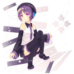 Rule 34 | 1girl, absurdres, bare shoulders, beret, black footwear, black hat, black skirt, black thighhighs, boots, breasts, character name, closed mouth, collared shirt, commentary request, copyright name, detached sleeves, full body, hat, headphones, highres, looking to the side, necktie, pleated skirt, purple eyes, purple hair, purple necktie, renta (deja-vu), shirt, short hair, sitting, skirt, sleeves past wrists, small breasts, solo, thigh boots, thighhighs, utane uta, utau, white shirt, wing collar