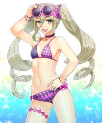 Rule 34 | 1girl, bare shoulders, bikini, blue eyes, breasts, brown hair, choker, hair ornament, highres, long hair, magilou (tales), midriff, open mouth, pointy ears, sunglasses, swimsuit, tales of (series), tales of berseria, twintails, very long hair