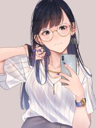 Rule 34 | 1girl, adjusting hair, black hair, blush, closed mouth, earrings, glasses, grey skirt, hand up, highres, holding, holding phone, jewelry, long hair, looking at viewer, mole, mole under eye, nail polish, necklace, office lady, original, phone, purple eyes, saitou (lynx-shrike), shirt, short sleeves, simple background, skirt, solo, striped clothes, striped shirt, vertical-striped clothes, vertical-striped shirt, watch, white shirt